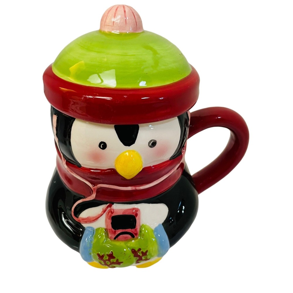 MSRF Christmas Penguin Coffee Mug Cup With Top 6 1/2" Holding Smart phone Tea Co